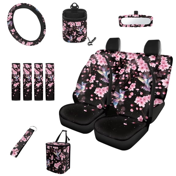 Garronmavis Hummingbird Cherry Blossom 13 Pcs Car Accessories Set Auto Interior Decor 4 Pieces Car Seat Covers Steering Wheel Cover Keychain Car Trash Can Car Dash Rearview Mirror Protective Cover