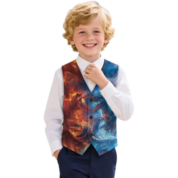 Garronmavis Ice and Fire Boys Suit Vest Warm Dinosaur V Neck Adjustable Back Strap Vests Lightweight Sleeveless Slim Fit Casual Vests Outfit Fashion Boy's 3 Button Formal Suit Vest