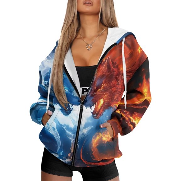 Garronmavis Ice Fire Wolf Women Long Sleeve Sweatshirts with Pocket Loose Trendy Women Full Zip Up Oversized Sweatshirts Casual Warm Womens Long Sleeve Hoodies