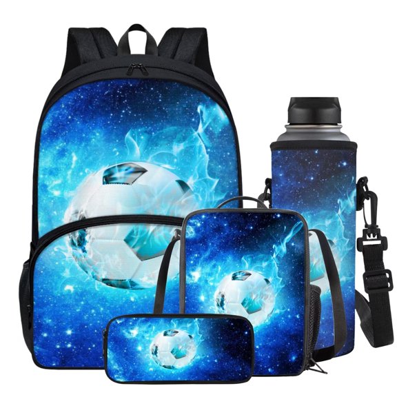 Garronmavis Ice Football Print Backpack for Kids Boys Gifts, School Bag Set with Pencil Bag Picnic Lunch Box Water Holder Case, Durable Polyester Daypack for Primary School Student