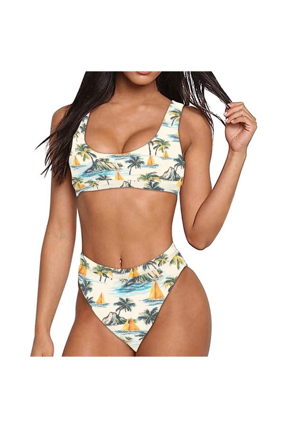 Island Sailing Ship Women's Bikini Swimsuits 2 Piece Scoop Neck Crop Top Swimwear Bottoms Halter Push Up Beach Bathing Suits