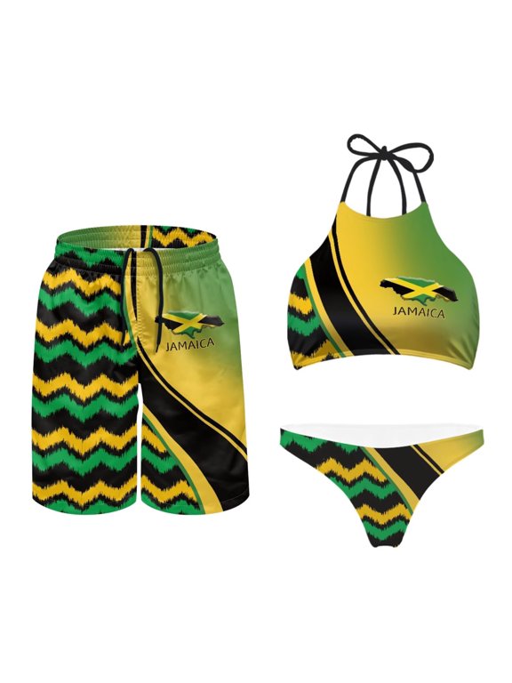 Jamaica Flag Couple Matching Swimsuit Set Women's Bikini Swimsuits High Waisted Swimwear Sexy High Cute Thong Bathing Suits