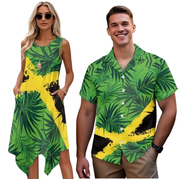Garronmavis Jamaica Flag Matching Beach Outfits for Couples Button-Down Shirt for Men and Women's Tank Dress Palm Tree Flowy Midi Sundress with Pocket