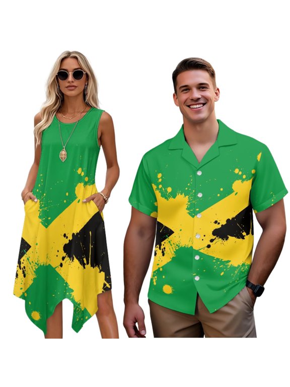 Jamaica Flags Couple Matching Hawaiian Outfits Mens Button Up Shirt Big and Tall Shirts and Womens Sleeveless Dress Loose Summer Hawaiian Sundress