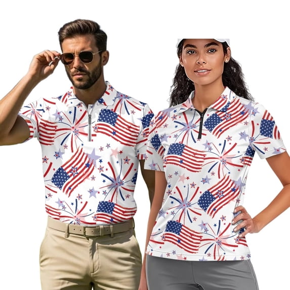 Garronmavis July of 4 Matching Couple Golf Shirts Golf Tennis Shirts for Women Quarter Zip Athletic Short Sleeve Shirts for Yoga or Daily Wear Machine Washable Breathable Fabric