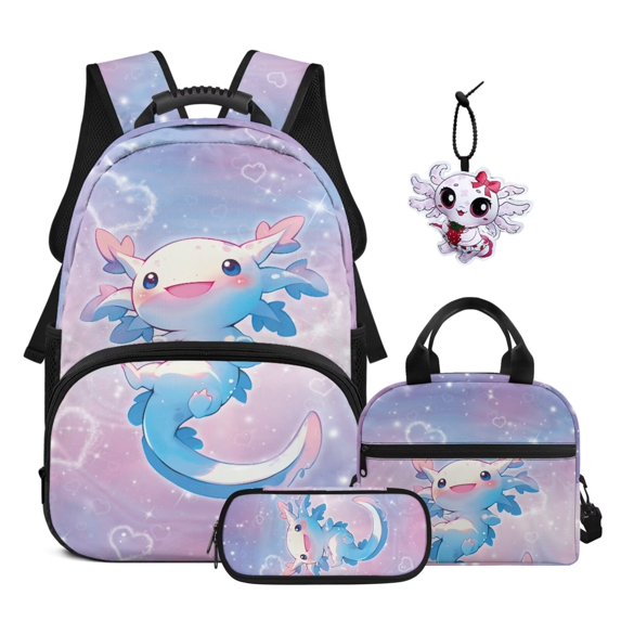 Garronmavis Kids Backpack Set 4-Piece with Lunch Bag & Pencil Case & Axolotl Keychain, Gender-Inclusive Cute Bookbag for Girls and Boys Elementary School Use