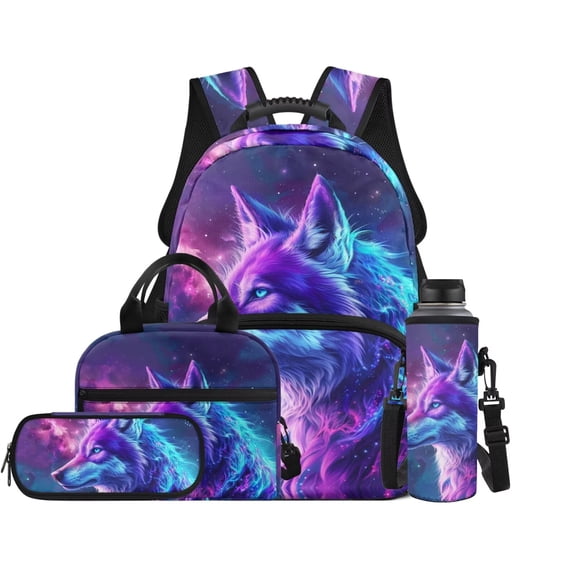 Garronmavis Kids Backpack Set, 4-Piece School Bag Set Includes Backpack, Lunch Bag, Pencil Case, Water Bottle Bag for Elementary School Boys Galaxy Wolf Print