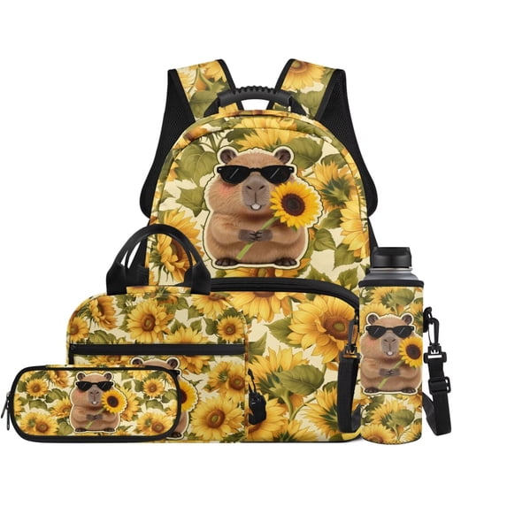 Garronmavis Kids Backpack Set, 4-Piece Set Includes Backpack, Lunch Bag, Pencil Case, Water Bottle Holder, for Girls Daily School Use, Adjustable Shoulder Straps 17inch School Bag Sunflower Capybara
