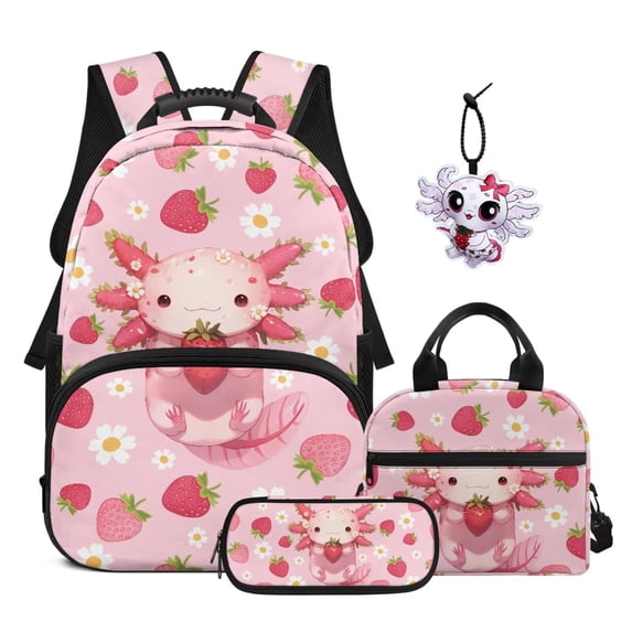 Garronmavis Kids Backpack Set for Elementary School Girls 4-Piece Set with Backpack & Lunch Bag & Pencil Case & Keychain, Cute Strawberry Axolotl Print School Bookbag Set for Daily School Use