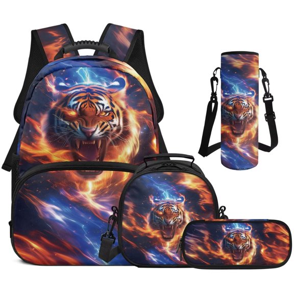 Garronmavis Kids Boys Backpack with Lunch Box, 4-Piece Set Includes Backpack, Lunch Bag, Pencil Case, Water Holder Case, Lightning Tiger Large Capacity School Backpack with Front Pocket