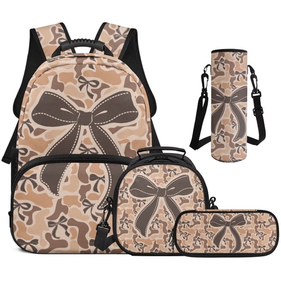 Garronmavis Kids Girls Backpack with Lunch Box, 4-Piece Set Includes Backpack, Lunch Bag, Pencil Case, Water Holder Case, Tan Camo Bow Large Capacity School Backpack with Front Pocket