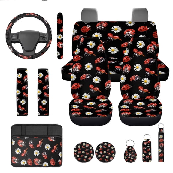 Garronmavis Ladybug Car Seat Cover Set 13 Pieces Car Accessory Set Car Interior Set with Steering Wheel Cover, Armrest Pad,Keychain, Coaster, Seat Belt Cover, Lipstick Holder