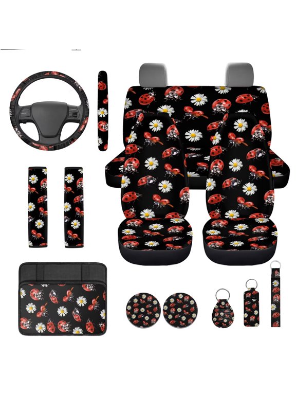 Ladybug Car Seat Cover Set 13 Pieces Car Accessory Set Car Interior Set with Steering Wheel Cover, Armrest Pad,Keychain, Coaster, Seat Belt Cover, Lipstick Holder