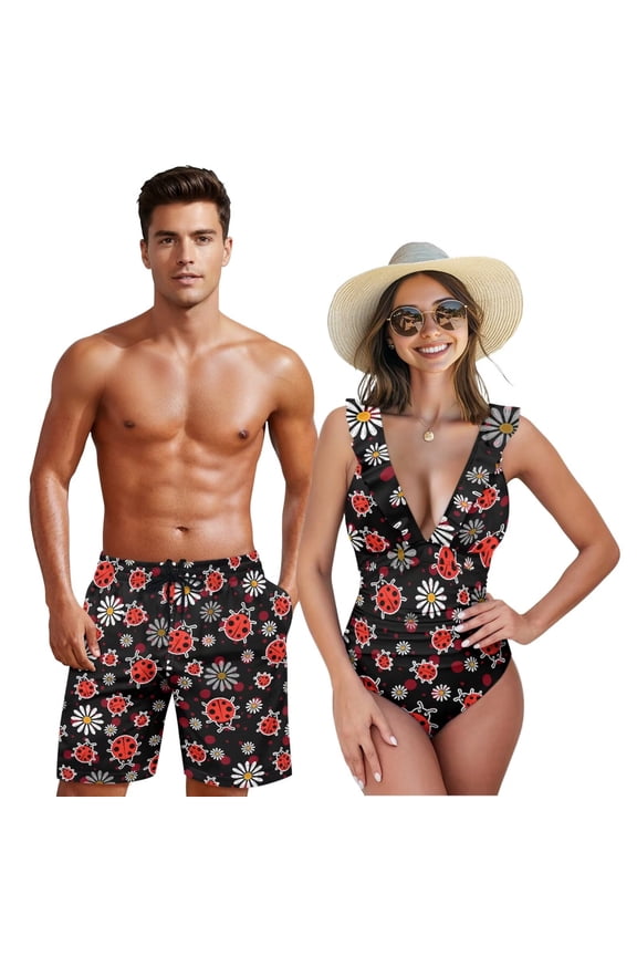 Ladybug Daisy Couple Matching Swimwear Womens Ruffled One Piece Bathing Suit V-Neck Padded Monokini & Men's Swim Trunks Quick Dry Board Shorts-2XL