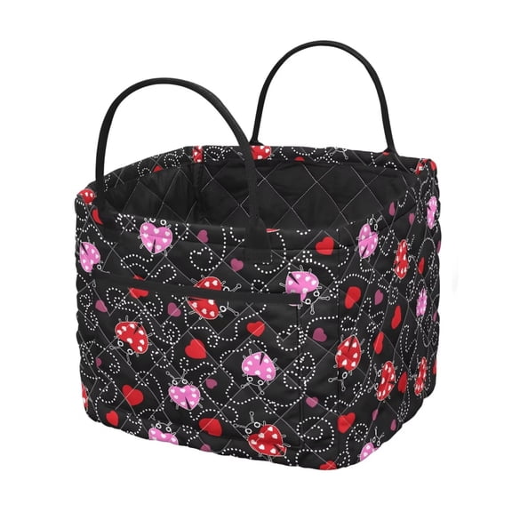Garronmavis Ladybug Heart Print Quilted Laundry Basket with Handles, Foldable Large Capacity Fabric Laundry Hamper, Decorative Storage Basket for Bedroom, Nursery, Bathroom, Kids Room