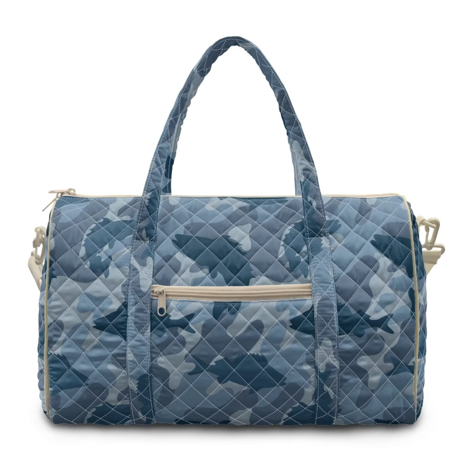 Garronmavis Large Blue Camo Quilted Duffle Bag for Women, Weekender Travel Carry On Bag with Zipper Pockets, Portable Gym Dance Overnight Tote Bag