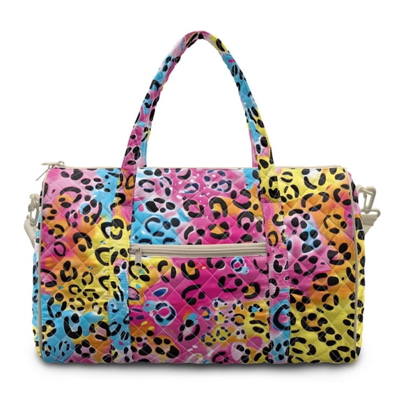 Garronmavis Large Colorful Leopard Print Quilted Duffle Bag for Women, Weekender Travel Bag Carry On Bag with Zipper Pockets, Cute Gym Dance Overnight Tote Bag