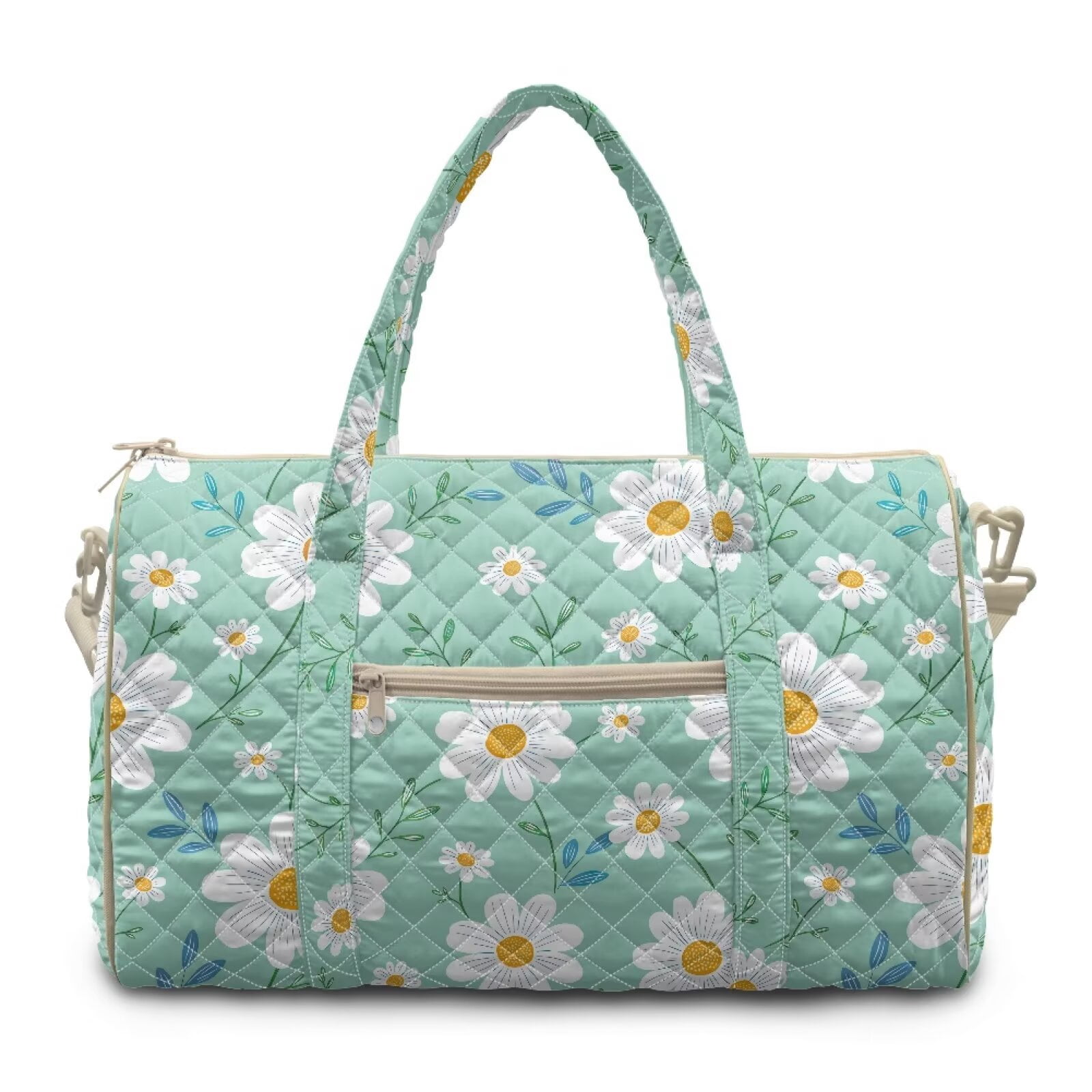 Garronmavis Large Daisy Floral Quilted Duffle Bag for Women, Weekender Travel Bag Carry On Gym Dance Overnight Bag with Zipper Pockets