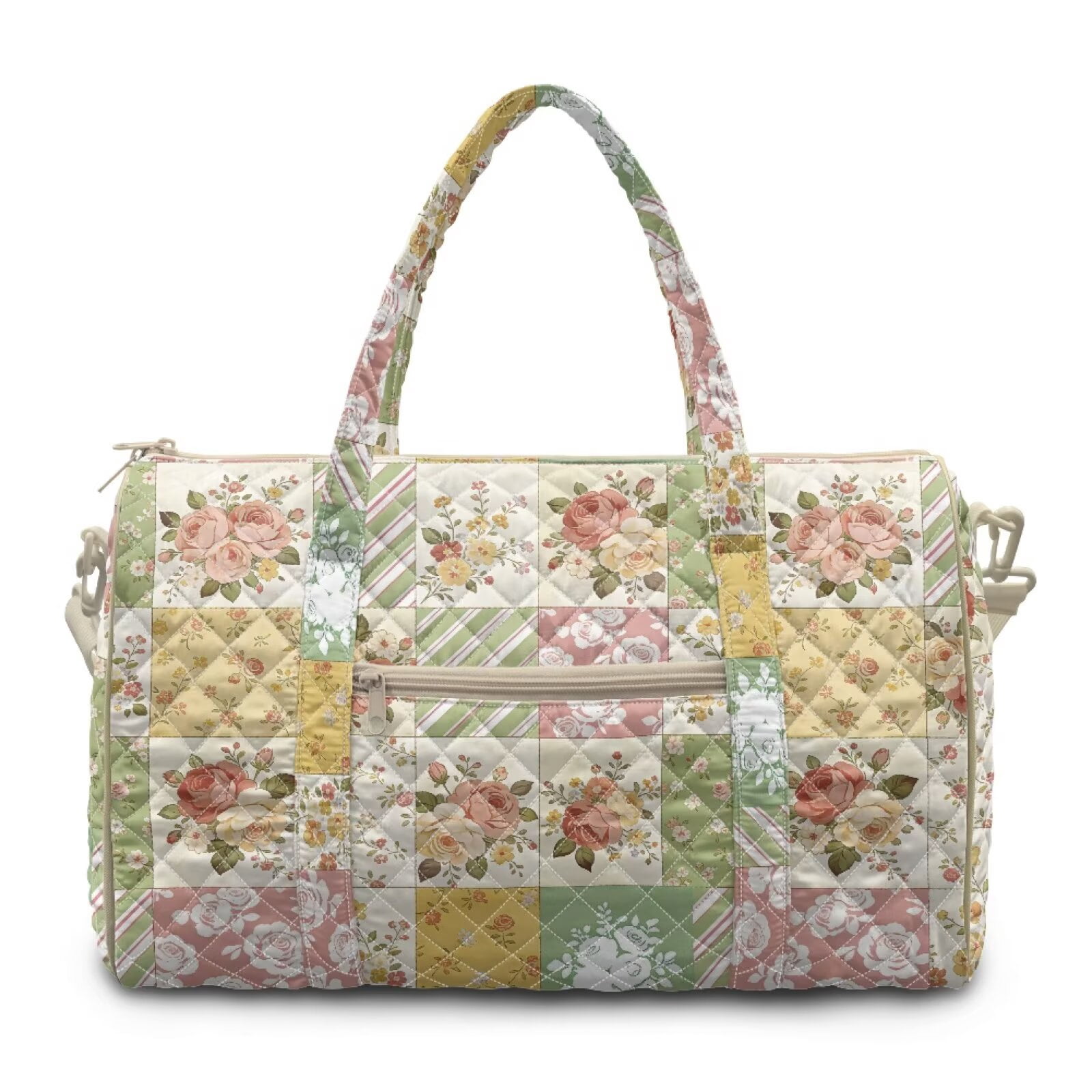 Garronmavis Large Floral Patchwork Quilted Duffle Bag for Women, Weekender Bag Travel Carry On Bag, Cute Overnight Gym Dance Tote with Luggage Sleeve, Zipper Pockets