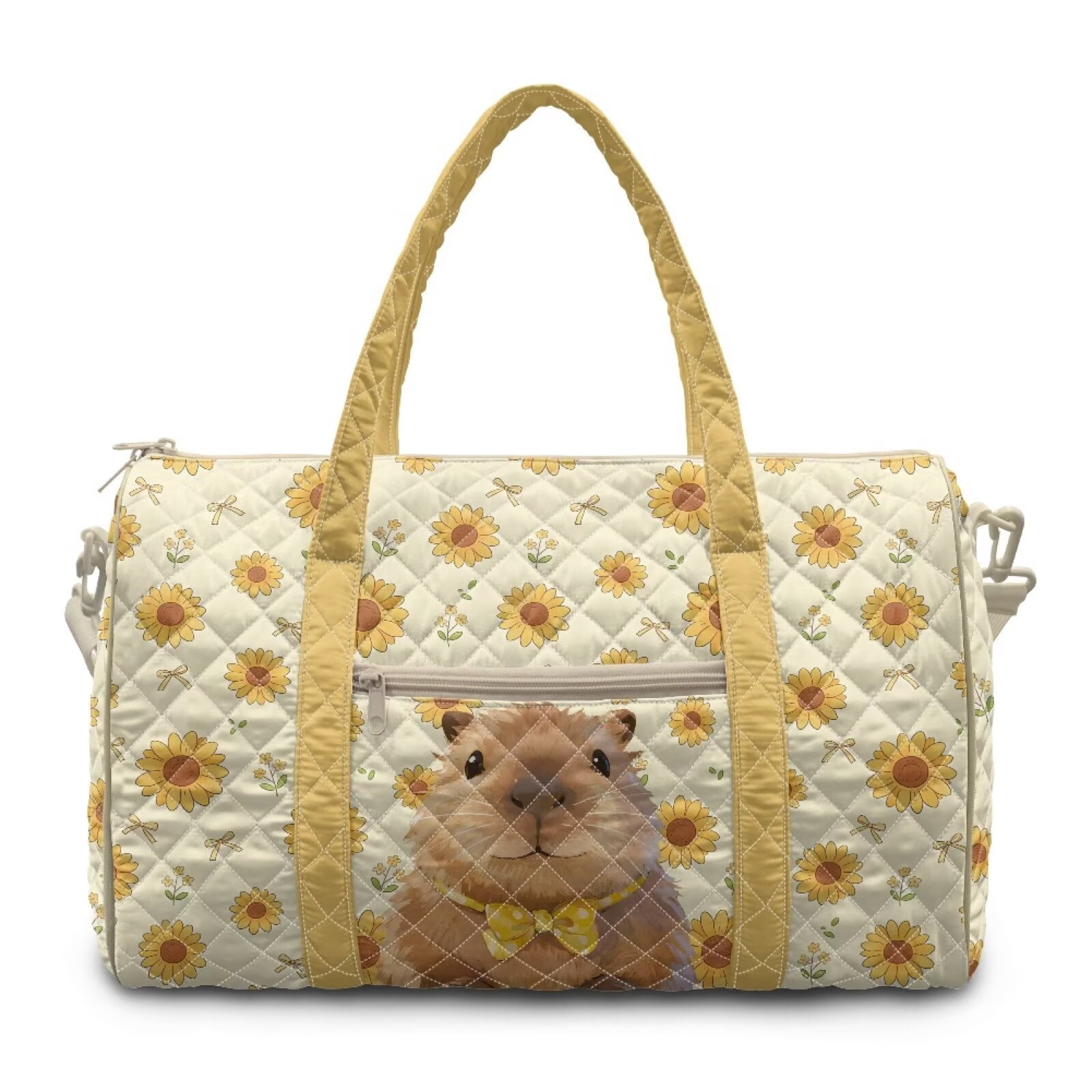 Garronmavis Large Quilted Duffle Bag for Women, Cute Capybara Sunflower Print Weekender Travel Overnight Carry On Gym Dance Tote Bag with Zipper Pockets