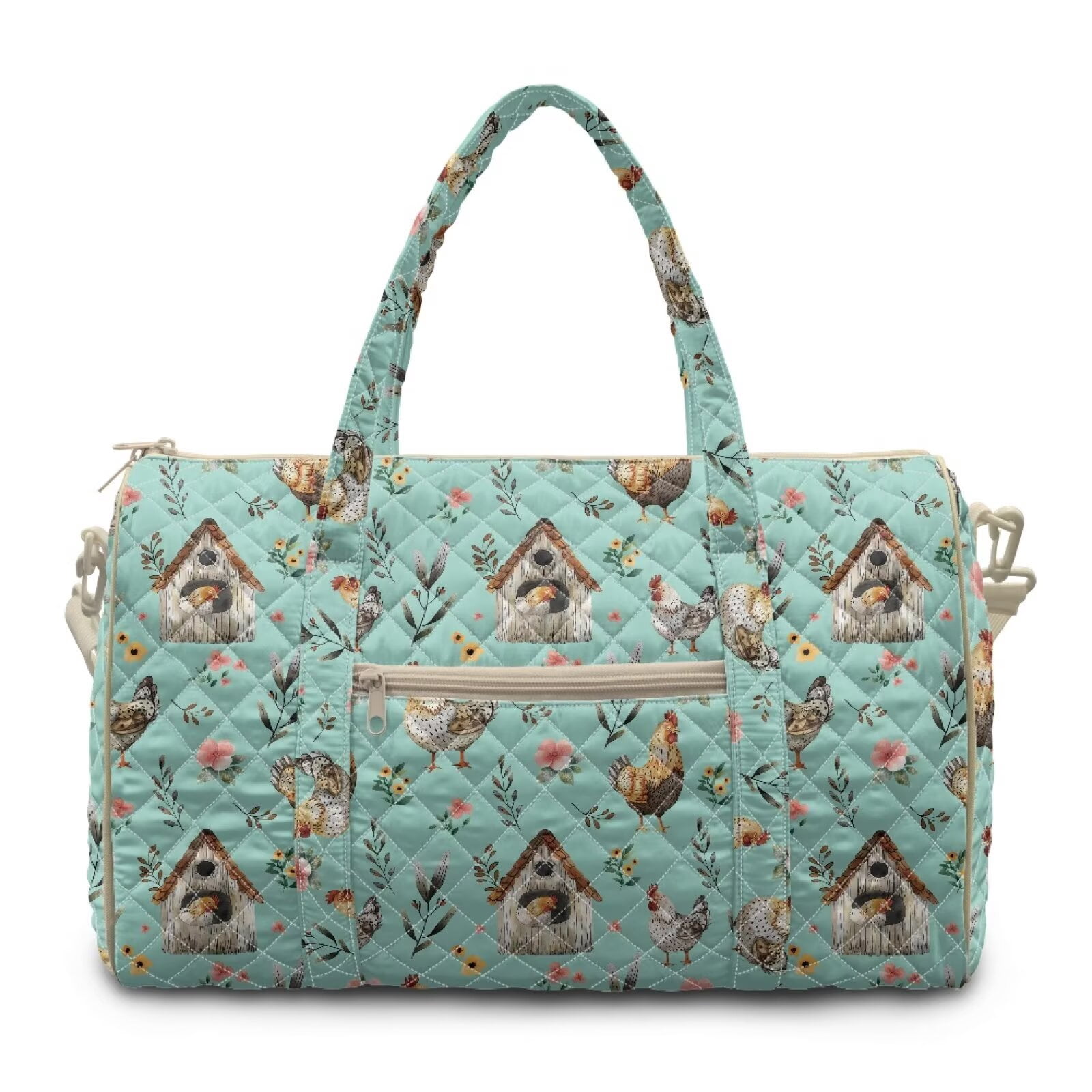 Garronmavis Large Quilted Duffle Bag for Women, Green Chicken Floral Print Weekender Bag Travel Carry On Tote Overnight Gym Dance Bag with Luggage Sleeve
