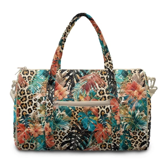 Garronmavis Large Quilted Duffle Bag for Women Tropical Leopard Floral Bag Weekender Overnight Bag Carry On Travel Tote Gym Dance Bag with Zipper Pockets