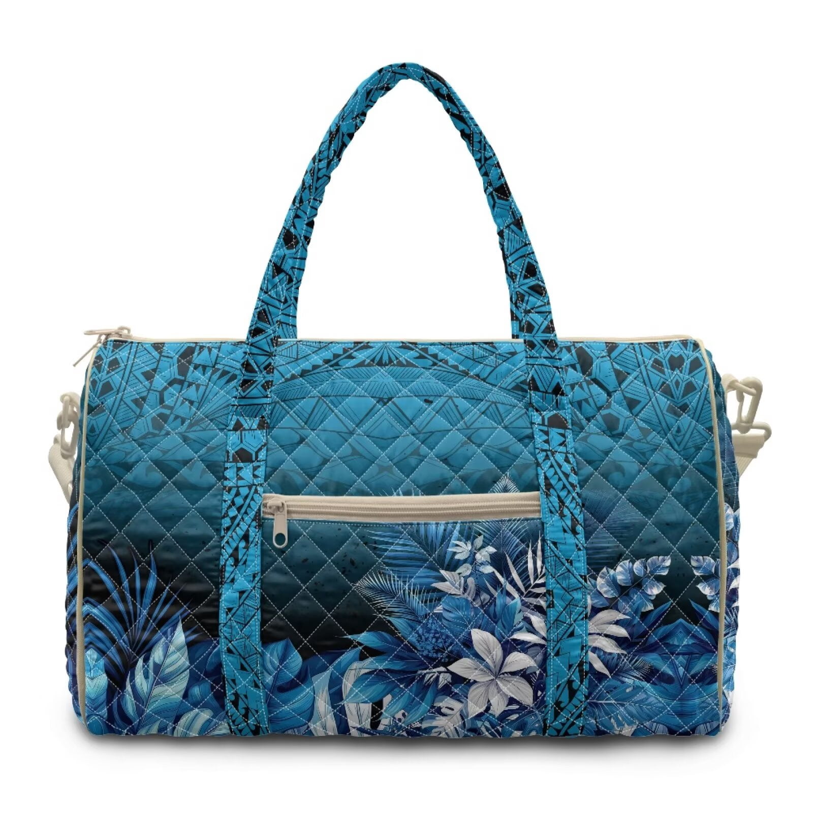 Garronmavis Large Quilted Duffle Bag for Women, Weekender Overnight Travel Gym Bag with Luggage Sleeve, Blue Tropical Print Carry On Bag Compatible with Airplane Travel for Weekend