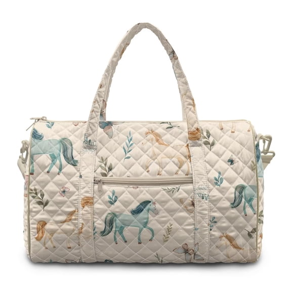 Garronmavis Large Quilted Duffle Bag for Women Cute Horse Print Weekender Bag Overnight Carry On Tote with Zipper Pocket Gym Dance Travel Bag