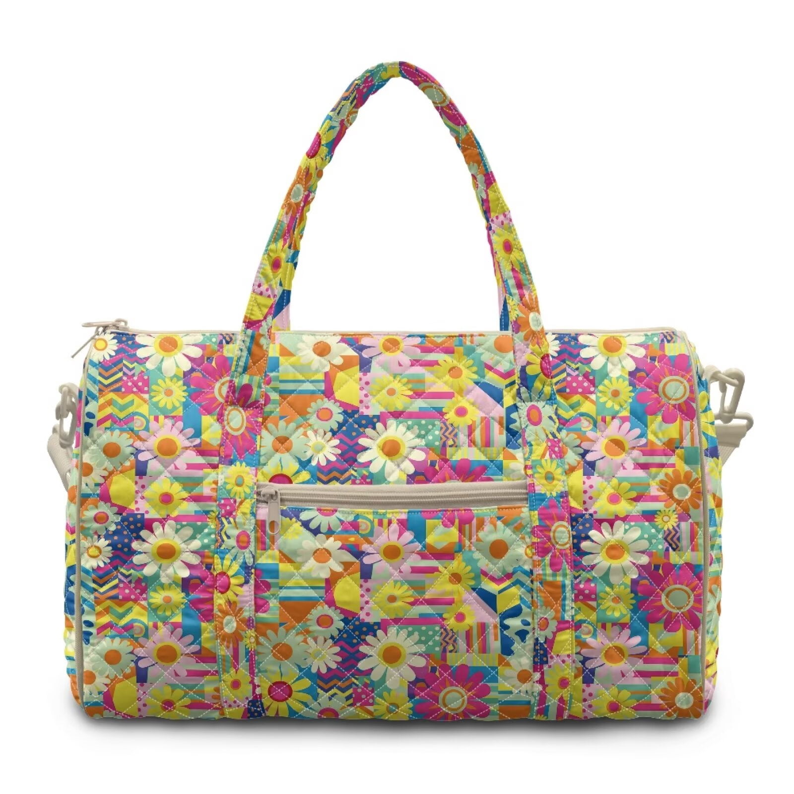 Garronmavis Large Quilted Duffle Bag for Women, Floral Pattern Weekender Bag Travel Overnight Bag, Carry On Gym Dance Tote with Zipper Pockets