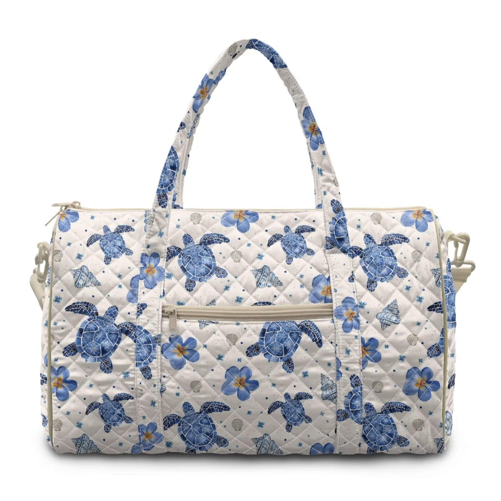Garronmavis Large Quilted Duffle Bag for Women, Sea Turtle Floral Weekender Bag Travel Overnight Bag, Carry On Gym Dance Tote with Luggage Sleeve