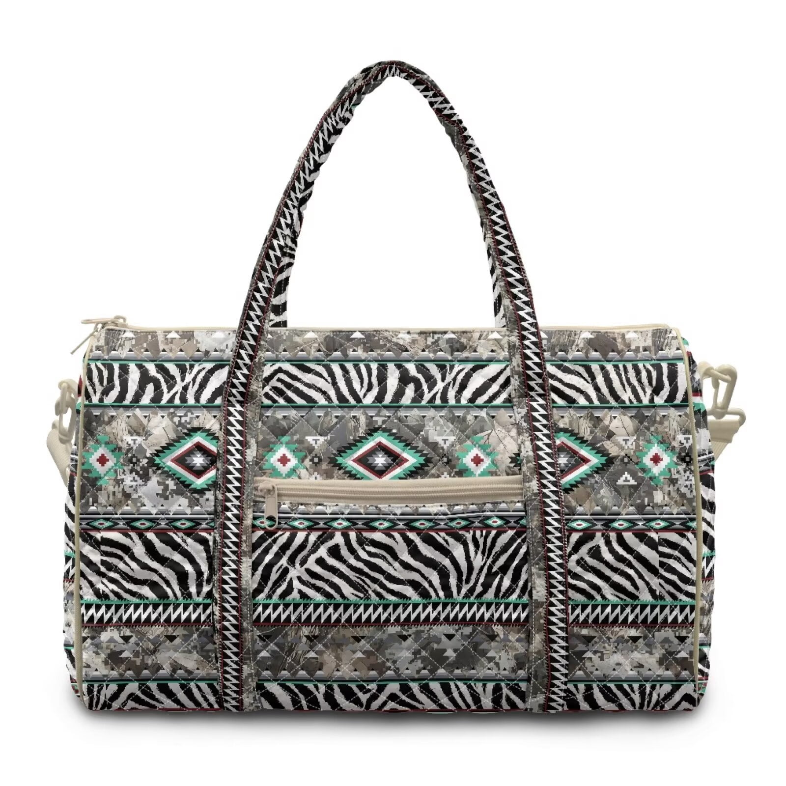 Garronmavis Large Quilted Duffle Bag for Women Tribal Zebra Print Weekender Travel Overnight Bag Carry On Gym Dance Tote with Zipper Pockets