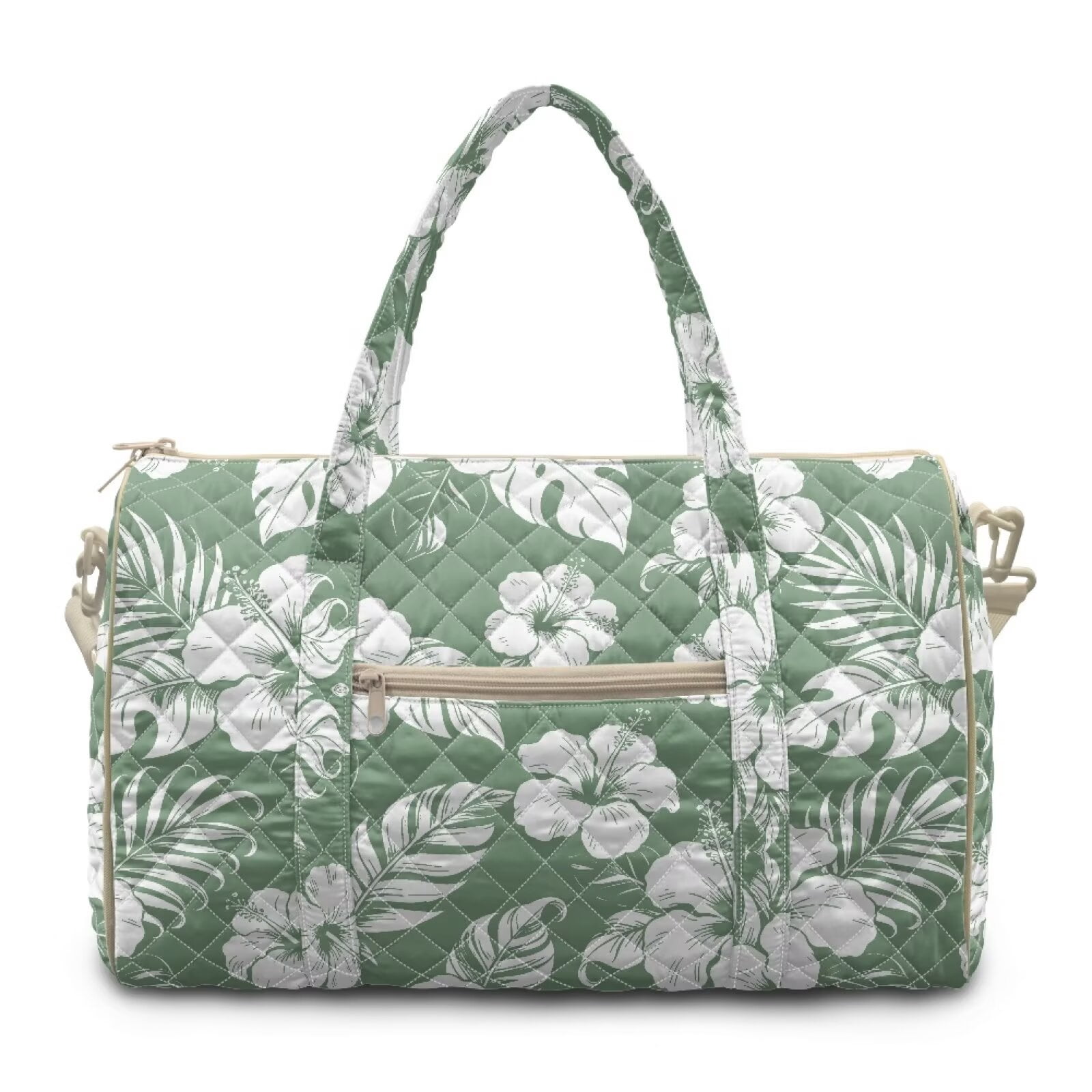 Garronmavis Large Sage Green Tropical Floral Quilted Duffle Bag for Women, Weekender Travel Bag Carry On Tote with Zipper Pockets for Gym, Overnight Trips & Dance