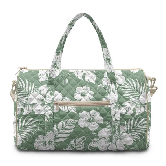 Garronmavis Large Sage Green Tropical Floral Quilted Duffle Bag for Women, Weekender Travel Bag Carry On Tote with Zipper Pockets for Gym, Overnight Trips & Dance