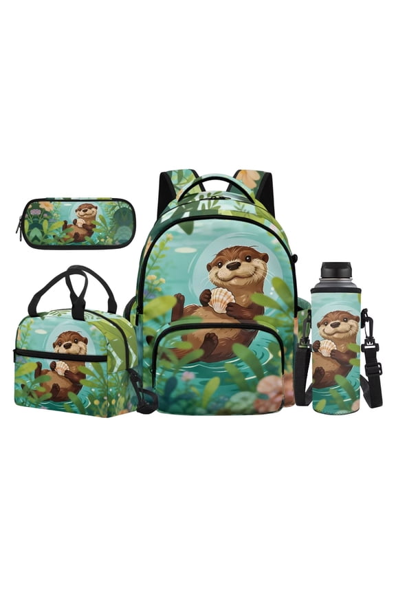 Leaf Otter Cute School Backpack Bundle, 17 Inch Ergonomic Children Bookbag Includes Lunch Bag, Pen Case and Water Bottle Protector for Outdoor