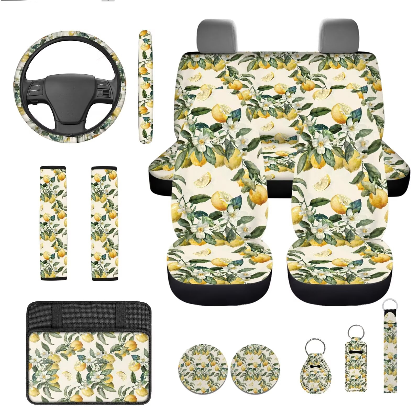 Garronmavis Lemon 13 Pcs Car Accessories Full Set Car Seat Covers Steering Wheel Cover,Armrest Cover Pad ,Key Chain,Chapstick,Car Coasters,Seat Belt Pads