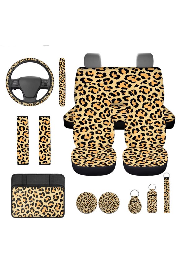 Leopard 13 PCS Car Seat Cover Full Set Steering Wheel Cover Belt Pads Cover Armrest Pad Keychain Lipstick Cover Cup Mats Auto Interior Accessories