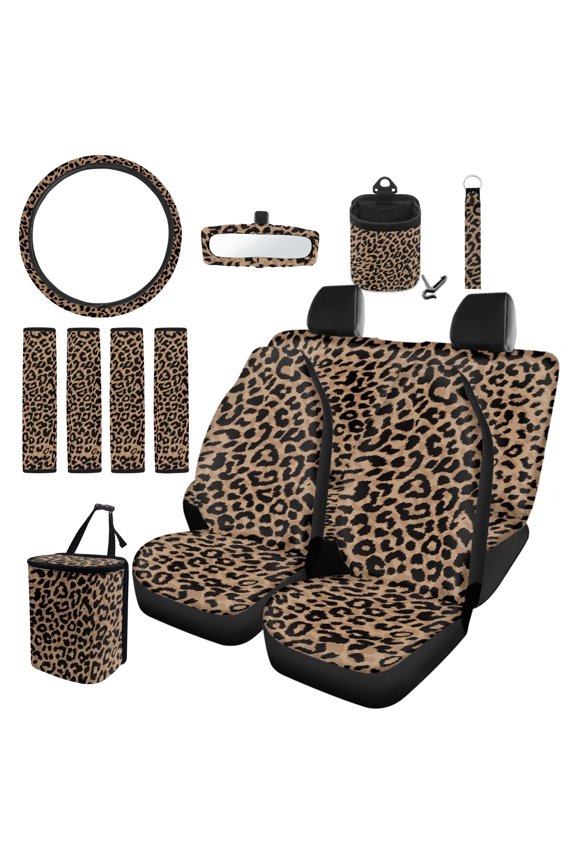 Leopard 13 Pcs Car Accessories Set 4 Pieces Car Seat Covers Steering Wheel Cover Keychain Car Trash Can Car Dash Accessories Interior Rearview Mirrors Protective Cover Universal Fit