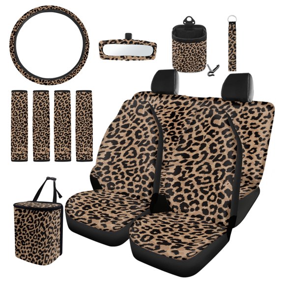 Garronmavis Leopard 13 Pcs Car Accessories Set 4 Pieces Car Seat Covers Steering Wheel Cover Keychain Car Trash Can Car Dash Accessories Interior Rearview Mirrors Protective Cover Universal Fit