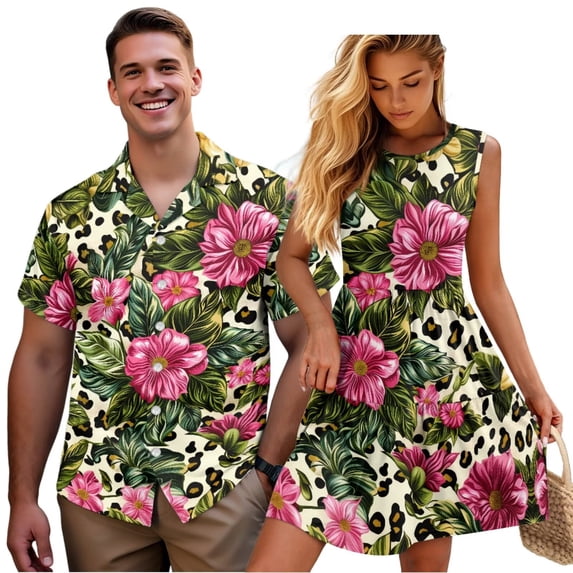 Garronmavis Leopard Couples Matching Outfits Mens Lightweight Button Down Shirts Size 7XL and Womens Summer Dresses Loose Sleeveless Flower Polyester Crewneck Sundress