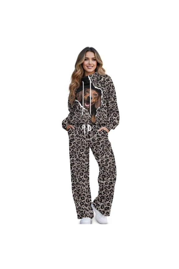 Leopard Print Hoodie Track Suits for Women Set Dachshund Dog Sweat Shirt Two Piece Sweatsuit Sets for Women Lounge Sets, Size M