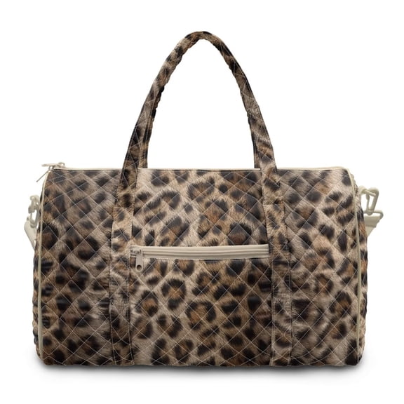 Garronmavis Leopard Print Large Quilted Duffle Bag for Women, Lightweight Weekender Travel Overnight Gym Dance Carry On Bag with Zipper Pockets