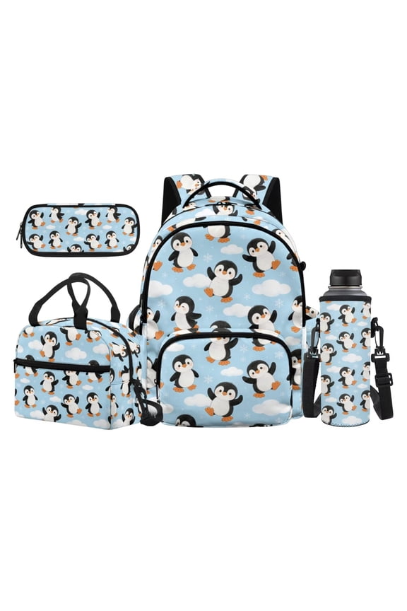Light Blue Cloud Snow Allover Cartoon Penguin Kids Backpack Set, 17 Inch Elementary Girls Bookbag with Insulated Lunch Box, Pencil Case and Water Bottle Holder for Winter Animal Lovers
