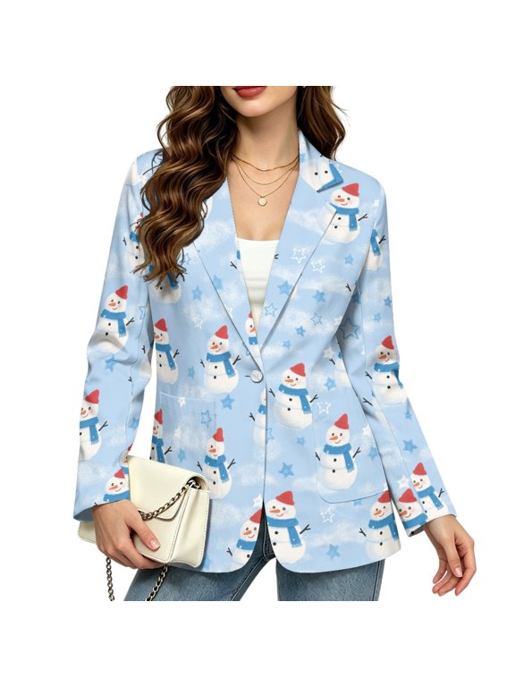 Light Blue Snowman Print Women's Business Casual Blazer, Single Button Long Sleeve Suit Coat with Functional Pockets for Office Work Daily Wear Holiday Outfits, 3XL