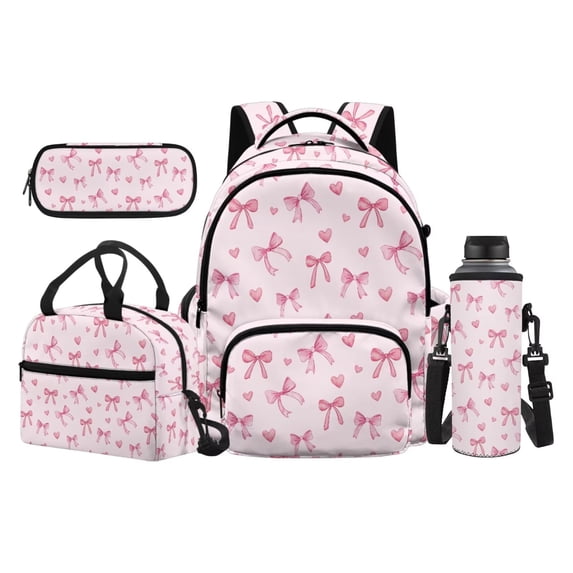 Garronmavis Light Pink Watercolor Bow & Tiny Heart Girls Backpack Kit, 17 Inch Sweet Girly Casual School Daypack with Insulated Lunch Pack, Pencil Case and Water Bottle Holder