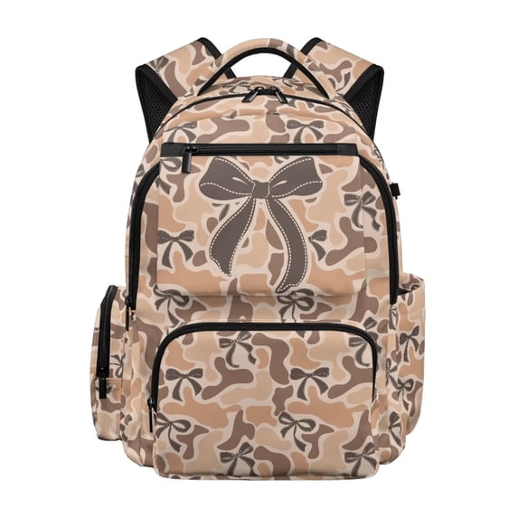 Garronmavis Light Tan Bow Girls Backpack Smooth Zippers School Bag Multi-Pocket Book Bag 17 inch for 10Y-12Y Elementary School Students Travel and Daily Use