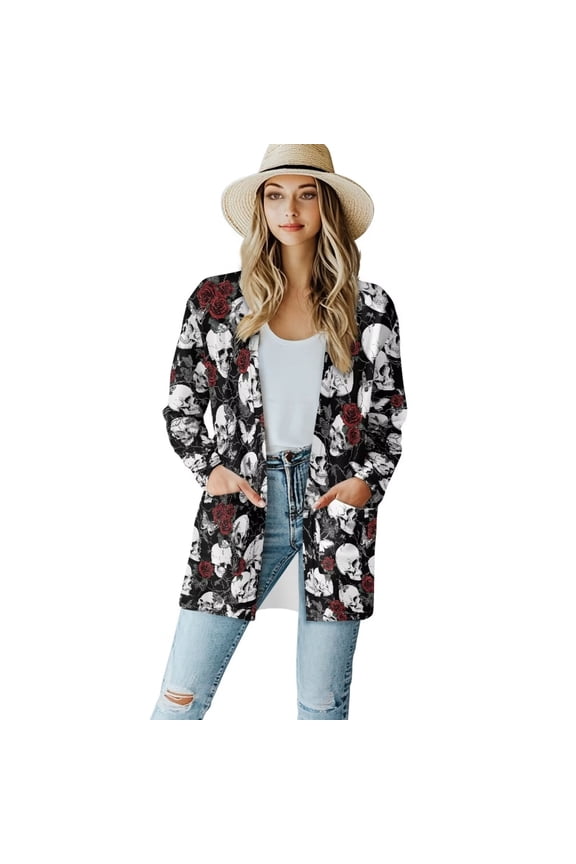 Lightweight Cardigan Sweater for Women with Pockets Long Sleeve Cardigan Jacket Plus Size Drape Cover Up Gothic Rose Skulls