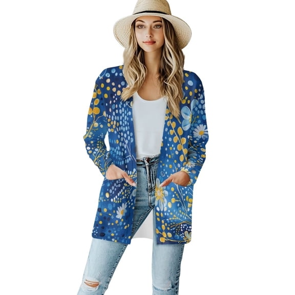Garronmavis Lightweight Cardigans for Women Open Front Cardigan Sweater with Pockets Kimono Cardigan Loose Cover Up Plus Size Blue Flowers