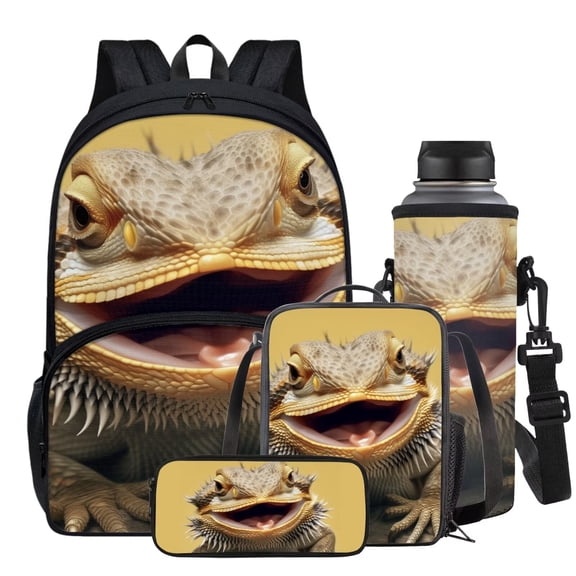 Garronmavis Lizard Print Schoolbags Set for Boys Girls, Travel Backpack with Pencil Holder Case Lunch Box Water Bottle Bag Set of 4, Large Capacity Primary School Bookbags
