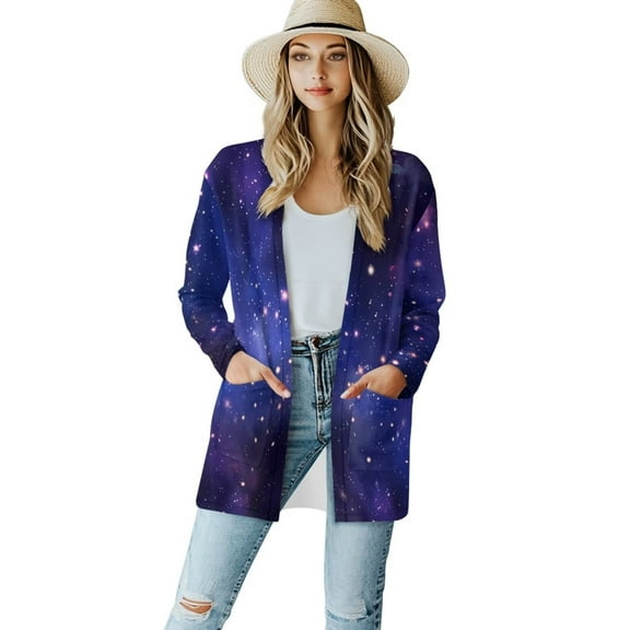 Garronmavis Long Sleeve Cardigan Sweater with Pockets Womens Lightweight Cardigan Plus Size Jacket Coat Knit Sweater Thin Beach Cover Up Top Night Sky