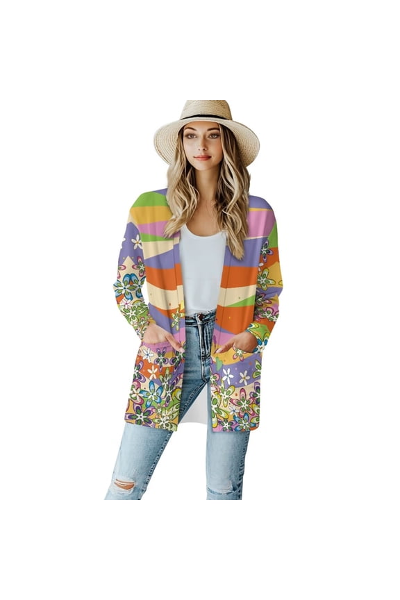 Long Sleeve Cardigan Sweater with Pockets Womens Lightweight Plus Size Jacket Coat Knit Sweater Thin Beach Cover Up Top Retro 70s Flower Power